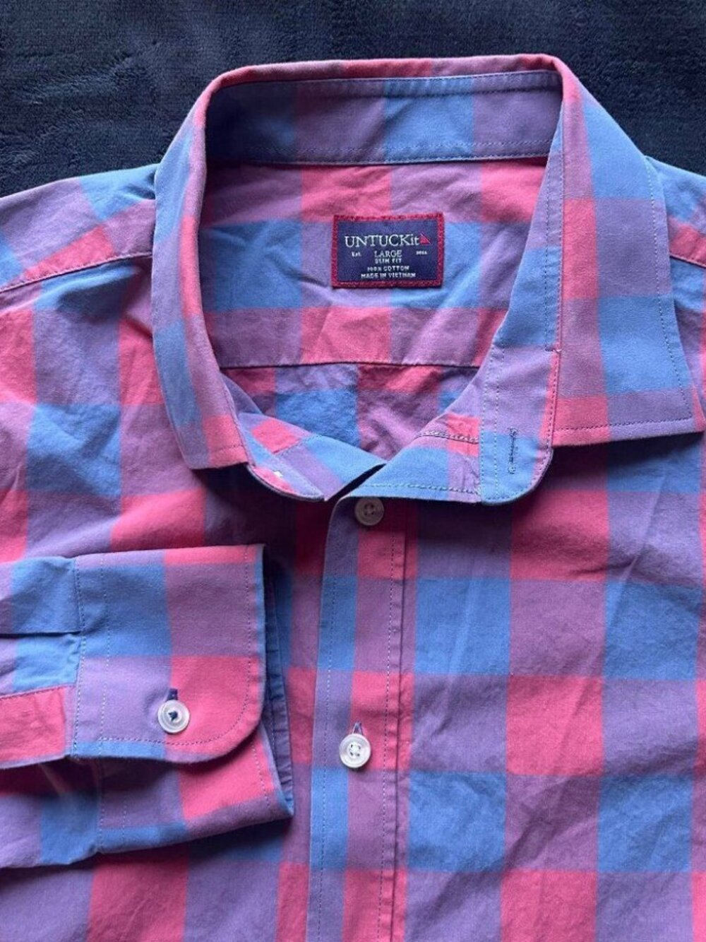 UNTUCKit Slim Fit Check Button Shirt Large Pink Blue Cotton Mens